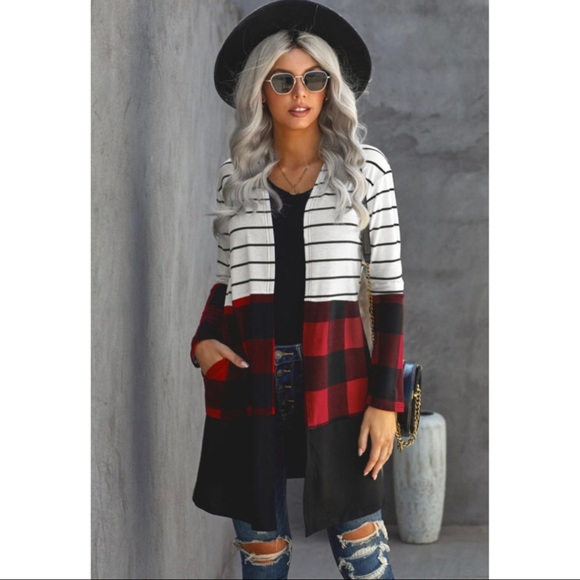 Sweaters - Red Plaid Colorblock Striped Cardigan